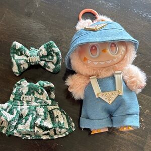Prada Pink Plush Monster with Denim Outfit and Green Patterned Dress Set